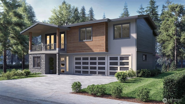 18520 83rd Ave NE, Kenmore, WA 98028 - contemporary home with a balcony, a garage, driveway, and stone siding