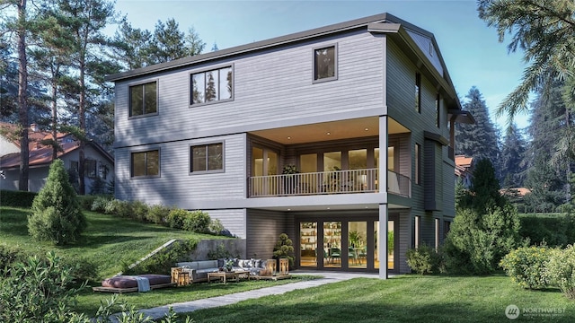 18520 83rd Ave NE, Kenmore, WA 98028 - back of property with outdoor lounge area, a lawn, a balcony, and french doors