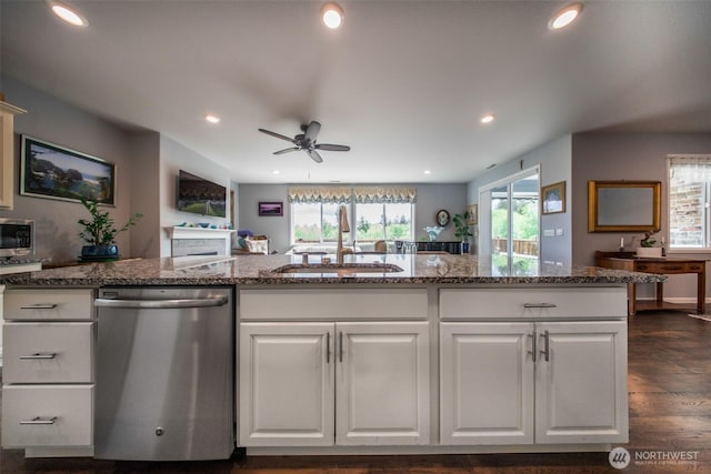 5042 Mariner St, Gig Harbor, WA 98332 - kitchen featuring dishwasher, a sink, ceiling fan, recessed lighting, and white cabinetry