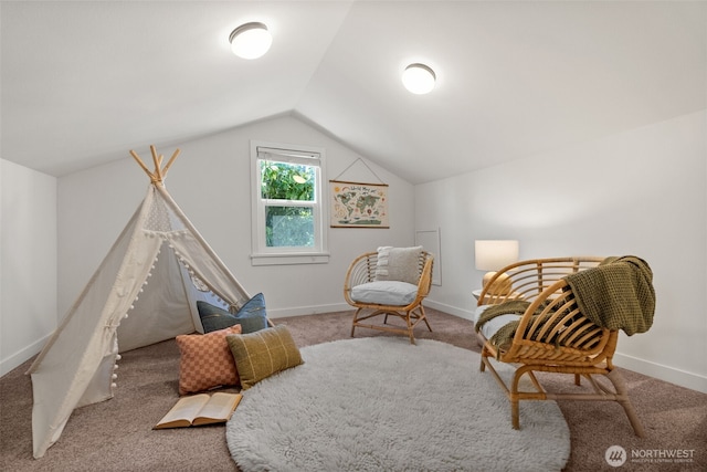 354 Summit Ave, Fircrest, WA 98466 - game room featuring carpet floors, vaulted ceiling, and baseboards