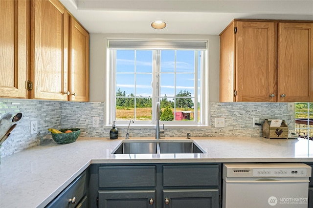 2470 Lee Way, Bellingham, WA 98226 - kitchen featuring dishwasher, a sink, gray cabinets, tasteful backsplash, and recessed lighting
