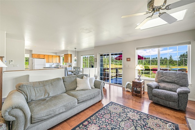 2470 Lee Way, Bellingham, WA 98226 - living room featuring plenty of natural light, wood finished floors, a ceiling fan, and a skylight