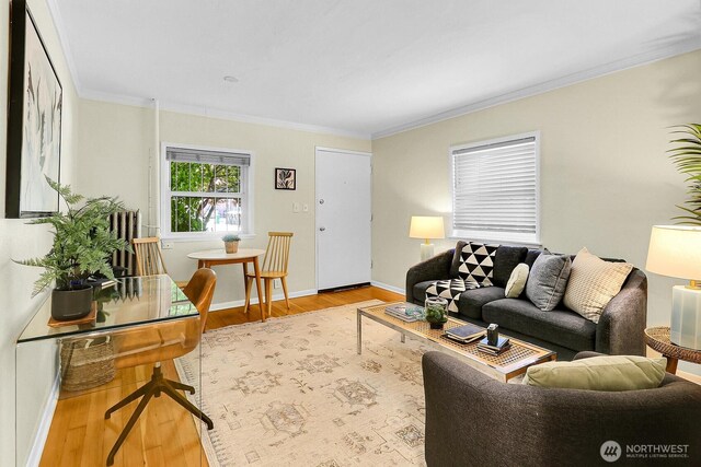 516 E Thomas St Unit 105, Seattle, WA 98102 - living area featuring wood finished floors, crown molding, and baseboards