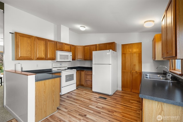 412 Algona Blvd S, Algona, WA 98001 - kitchen featuring white appliances, light wood-style flooring, brown cabinetry, dark countertops, and high vaulted ceiling