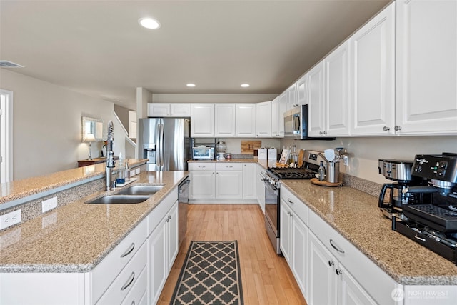 21032 Nordby Dr NW, Poulsbo, WA 98370 - kitchen with appliances with stainless steel finishes, a sink, light wood finished floors, recessed lighting, and white cabinetry