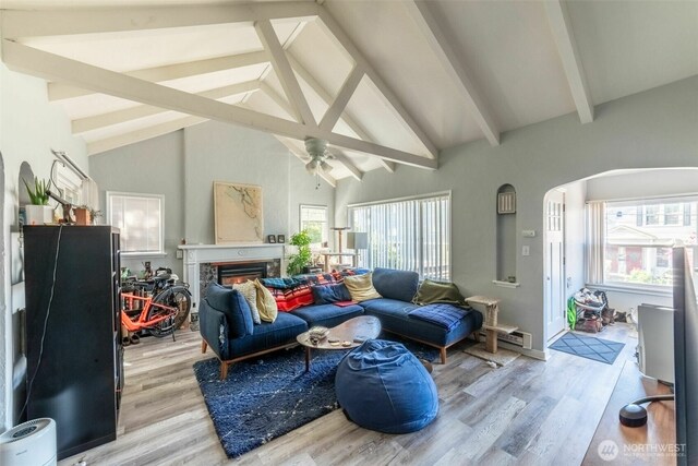 2630 58th Ave SW Unit 1-4, Seattle, WA 98116 - living room featuring arched walkways, light wood-style flooring, and plenty of natural light