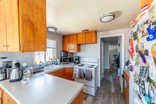 2630 58th Ave SW Unit 1-4, Seattle, WA 98116 - kitchen with electric stove, stainless steel microwave, a sink, light countertops, and a peninsula