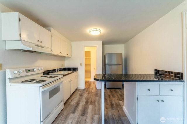 2630 58th Ave SW Unit 1-4, Seattle, WA 98116 - kitchen featuring electric stove, freestanding refrigerator, under cabinet range hood, a sink, and dark countertops