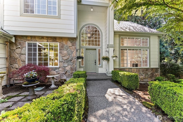 6336 286th Pl NE, Carnation, WA 98014 - doorway to property with stone siding