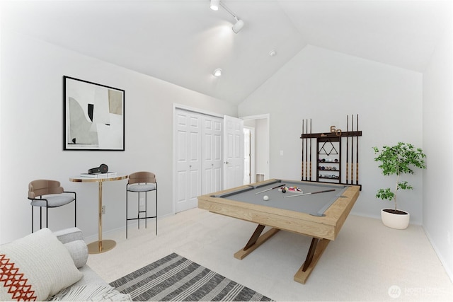 6336 286th Pl NE, Carnation, WA 98014 - game room featuring carpet, lofted ceiling, pool table, rail lighting, and baseboards