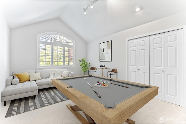 6336 286th Pl NE, Carnation, WA 98014 - recreation room with carpet floors, lofted ceiling, rail lighting, and billiards