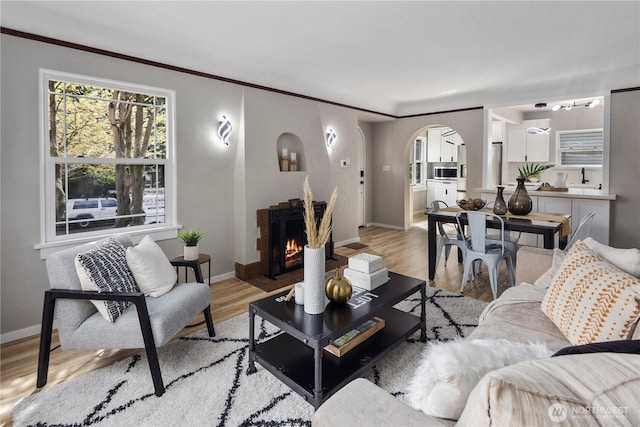 1602 NW 83rd St, Seattle, WA 98117 - living area with arched walkways, light wood-type flooring, baseboards, a warm lit fireplace, and crown molding