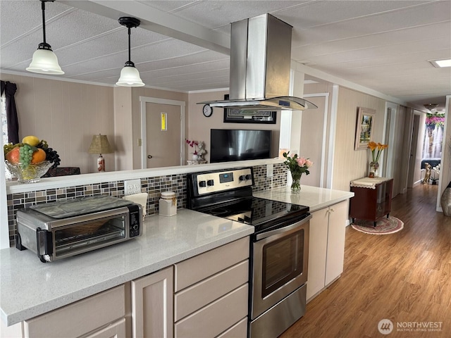 1415 84th St SE Unit 45, Everett, WA 98208 - kitchen featuring stainless steel range with electric stovetop, island range hood, backsplash, ornamental molding, and light wood finished floors