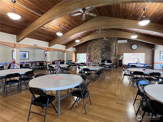 1415 84th St SE Unit 45, Everett, WA 98208 - dining area featuring a ceiling fan, lofted ceiling, and wood ceiling