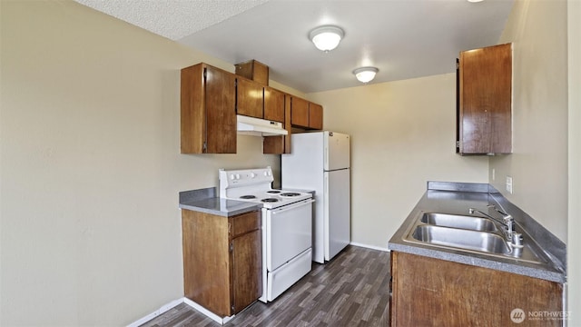 kitchen featuring white appliances, a sink, under cabinet range hood, and dark wood-type flooring