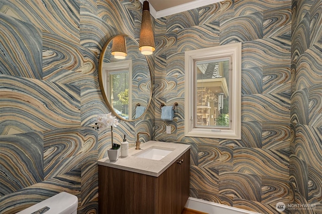 5874 169th Ave SE, Bellevue, WA 98006 - half bathroom with wallpapered walls, toilet, and vanity