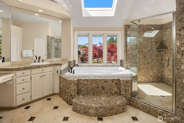 5874 169th Ave SE, Bellevue, WA 98006 - full bath with a garden tub, vanity, a shower stall, and a skylight