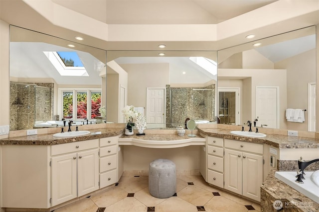 5874 169th Ave SE, Bellevue, WA 98006 - bathroom with a skylight, a shower stall, two vanities, high vaulted ceiling, and recessed lighting