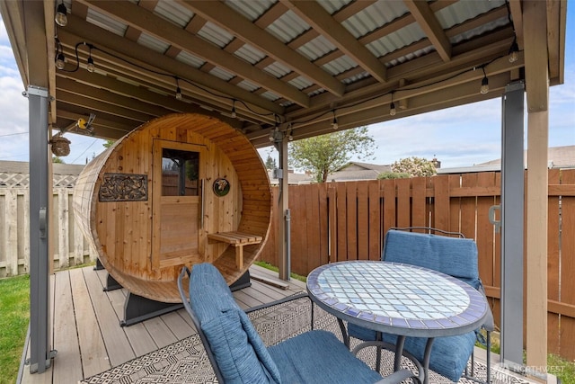 wooden terrace featuring a fenced backyard