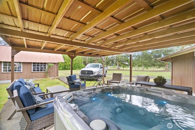 view of patio featuring a hot tub