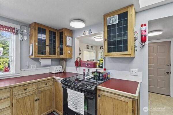kitchen featuring black / electric stove, glass insert cabinets, and brown cabinets