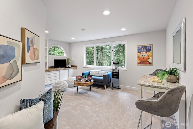 13004 Muir Dr NW, Gig Harbor, WA 98332 - living room featuring recessed lighting, baseboards, and light carpet