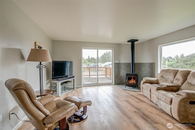 living room featuring wood finished floors, healthy amount of natural light, and a wood stove