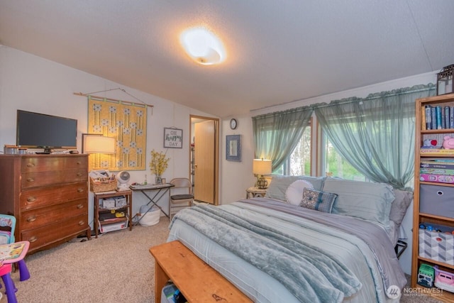 bedroom featuring lofted ceiling and carpet