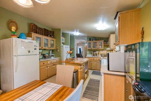kitchen featuring freestanding refrigerator, light countertops, and glass insert cabinets