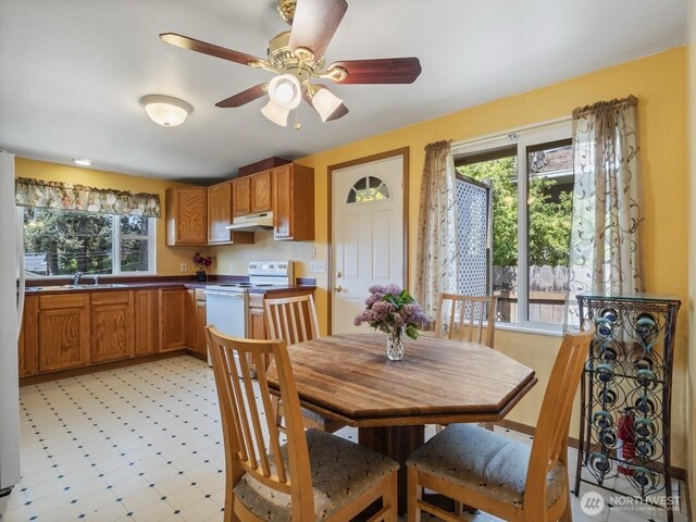 dining space with light floors and a ceiling fan