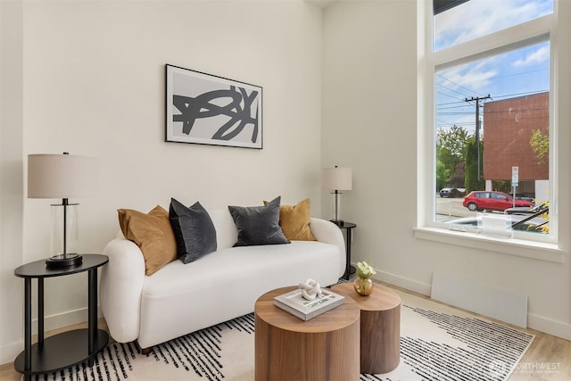living area featuring plenty of natural light, baseboards, and wood finished floors