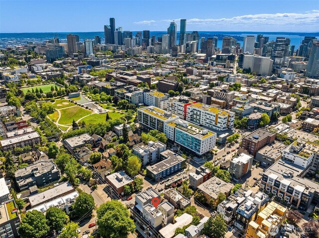 aerial view of a view of skyline and a large body of water