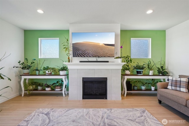18009 NE 46th Ct, Vancouver, WA 98686 - living area featuring wood finished floors, recessed lighting, and a tile fireplace