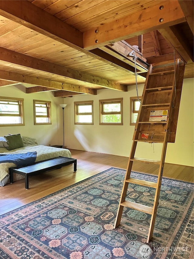 5790 NE Old Mill Rd NE, Bainbridge Island, WA 98110 - bedroom featuring wood finished floors, beamed ceiling, and wooden ceiling