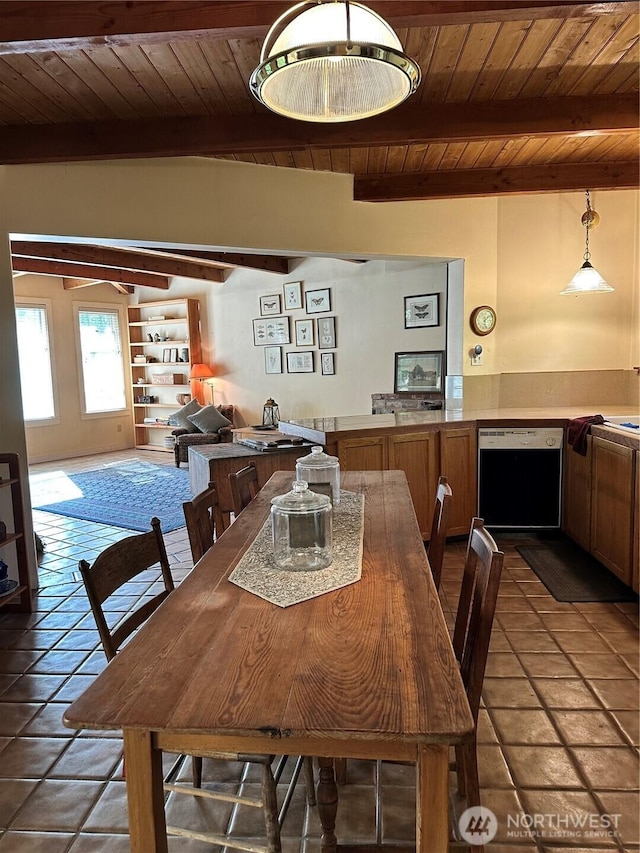 5790 NE Old Mill Rd NE, Bainbridge Island, WA 98110 - tiled dining area featuring wood ceiling and beam ceiling