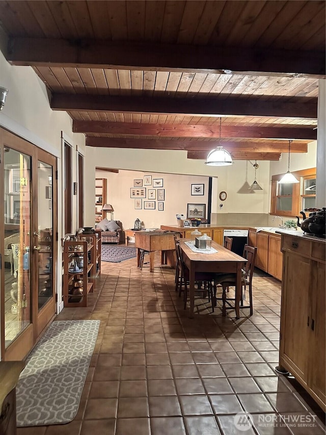 5790 NE Old Mill Rd NE, Bainbridge Island, WA 98110 - tiled dining area with wooden ceiling, beam ceiling, and a sink