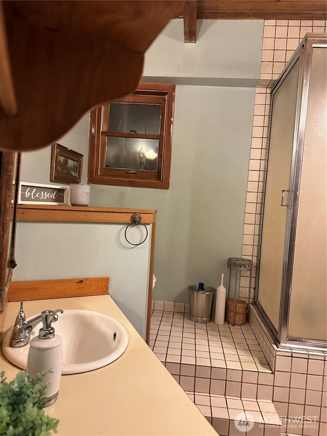 5790 NE Old Mill Rd NE, Bainbridge Island, WA 98110 - bathroom with a shower stall, a sink, and tile patterned flooring