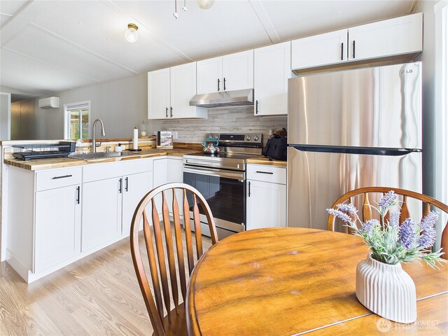 212 Old Owen Rd Unit 43, Sultan, WA 98294 - kitchen featuring appliances with stainless steel finishes, a sink, under cabinet range hood, a peninsula, and white cabinets