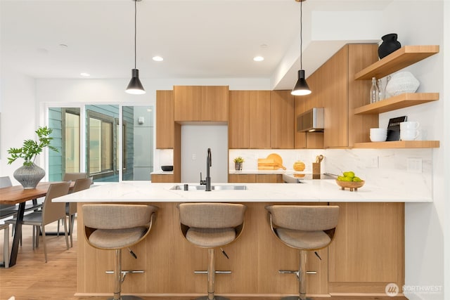kitchen featuring a sink, modern cabinets, open shelves, a peninsula, and backsplash