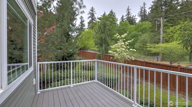 wooden terrace with a fenced backyard