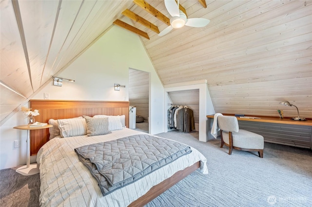 981 Nighthawk Ridge Ln, Leavenworth, WA 98826 - carpeted bedroom featuring wood walls, a closet, a ceiling fan, and wood ceiling
