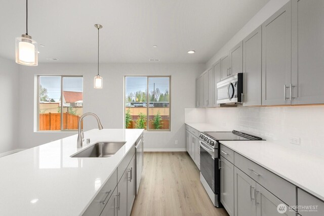 13302 SE 238th Pl Unit 7, Kent, WA 98042 - kitchen featuring appliances with stainless steel finishes, a sink, light wood-style floors, gray cabinets, and light countertops
