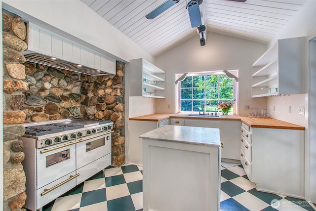 1472 White Beach Rd, Orcas Island, WA 98280 - kitchen featuring open shelves, light flooring, double oven range, butcher block countertops, and wood ceiling