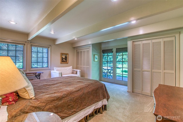 1472 White Beach Rd, Orcas Island, WA 98280 - carpeted bedroom with beamed ceiling, access to exterior, and recessed lighting