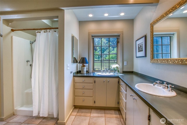 1472 White Beach Rd, Orcas Island, WA 98280 - full bathroom featuring vanity, a shower with shower curtain, tile patterned flooring, and recessed lighting