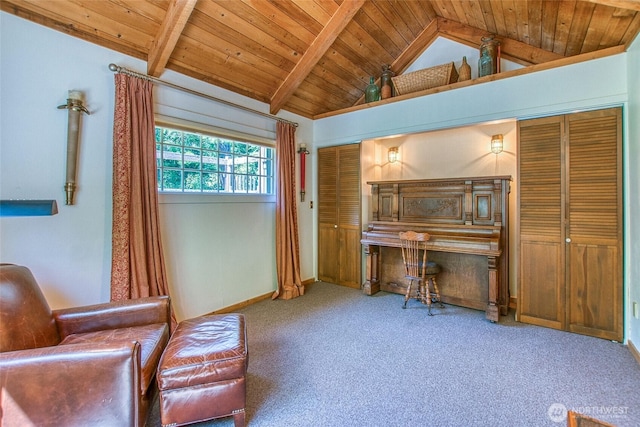 1472 White Beach Rd, Orcas Island, WA 98280 - sitting room featuring wooden ceiling and carpet flooring