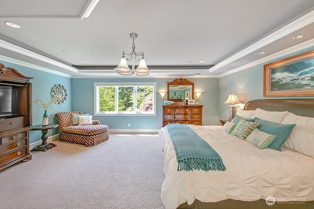 11211 Wachusett Rd, Woodway, WA 98020 - carpeted bedroom with a tray ceiling, a chandelier, baseboards, ornamental molding, and recessed lighting