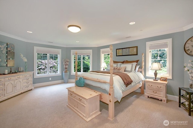 11211 Wachusett Rd, Woodway, WA 98020 - bedroom with light carpet, baseboards, multiple windows, crown molding, and recessed lighting
