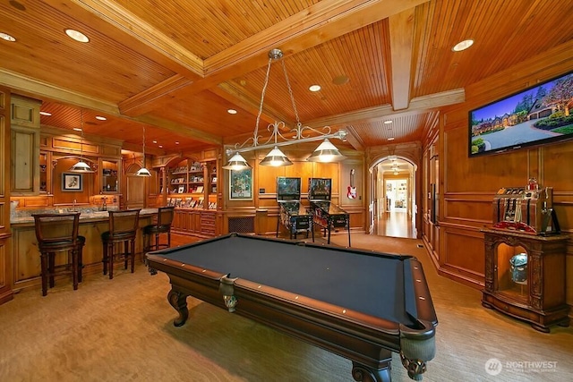 11211 Wachusett Rd, Woodway, WA 98020 - recreation room featuring wooden ceiling, light colored carpet, billiards table, beam ceiling, and wooden walls