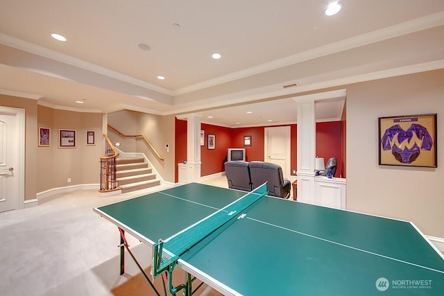 11211 Wachusett Rd, Woodway, WA 98020 - rec room featuring decorative columns, recessed lighting, carpet floors, and ornamental molding